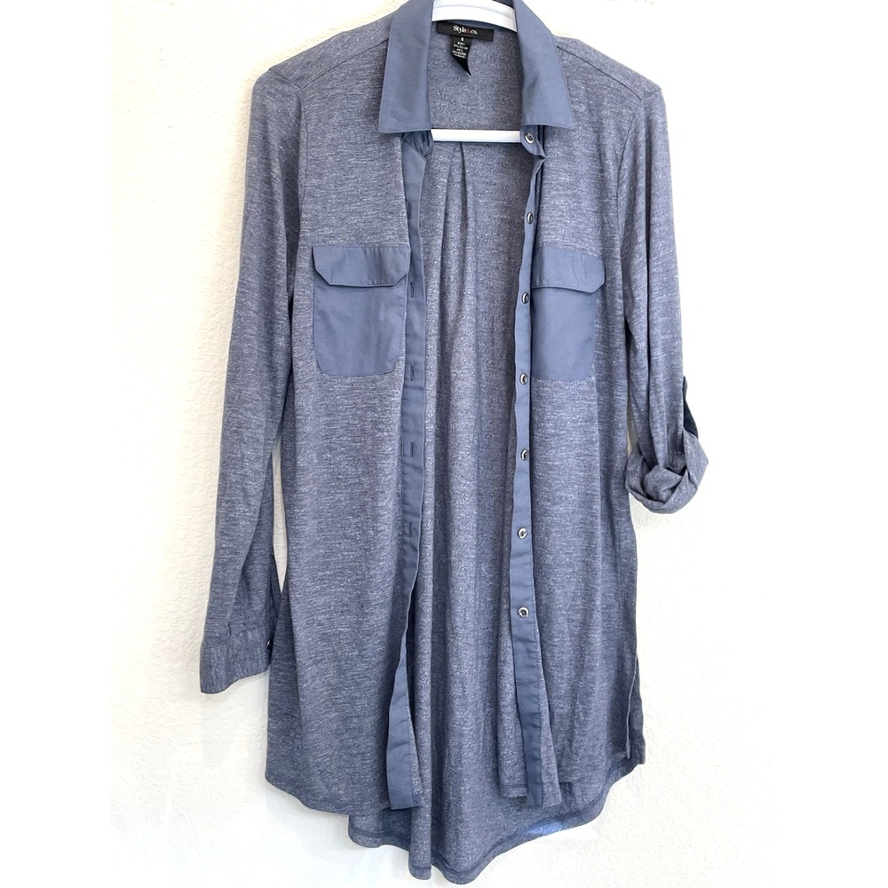 Style & Co Button Down Shirt Womens Small Blue Heathered Roll Tab‎ Tunic Top